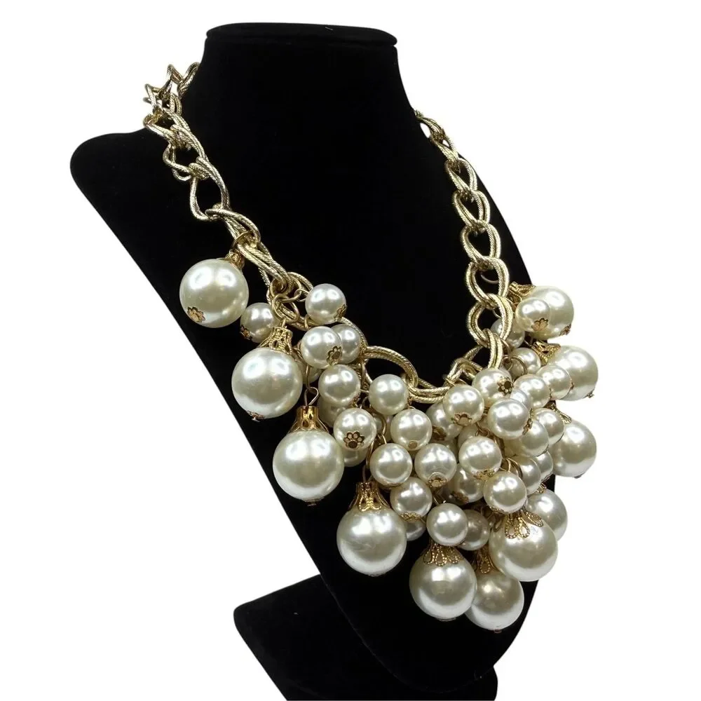 Chunky Gold Tone Chain Faux Pearl Bib Statement Necklace Fashion Jewelry 17